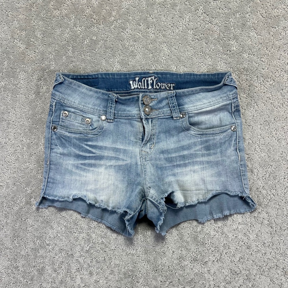 WallFlower Denim Shorts Size 5 Blue Denim Y2K Embellished Rhinestone Cut Off Raw